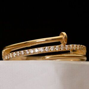 10K Yellow Gold Nail Ring, Dainty CZ Pave Ring, Size 7